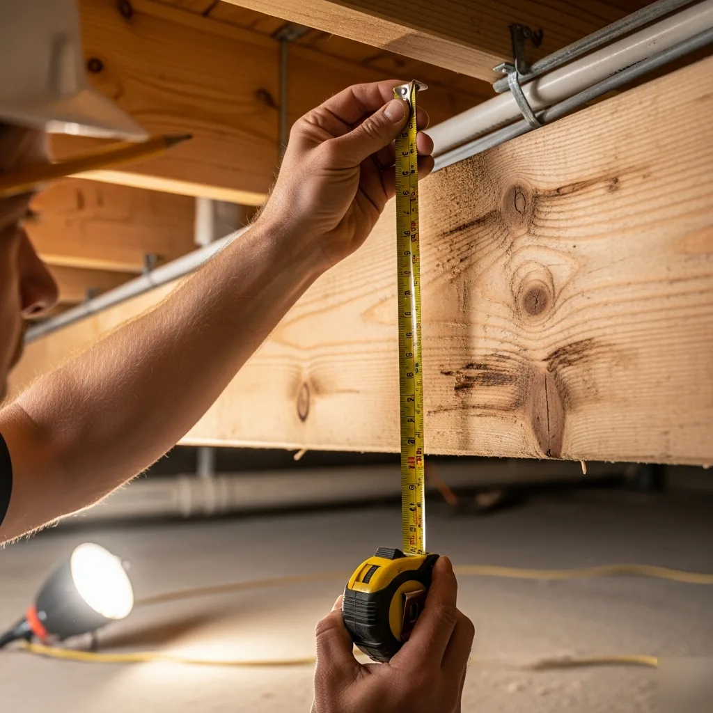 Contractor measuring basement ceiling height for Denver apartment conversion code compliance