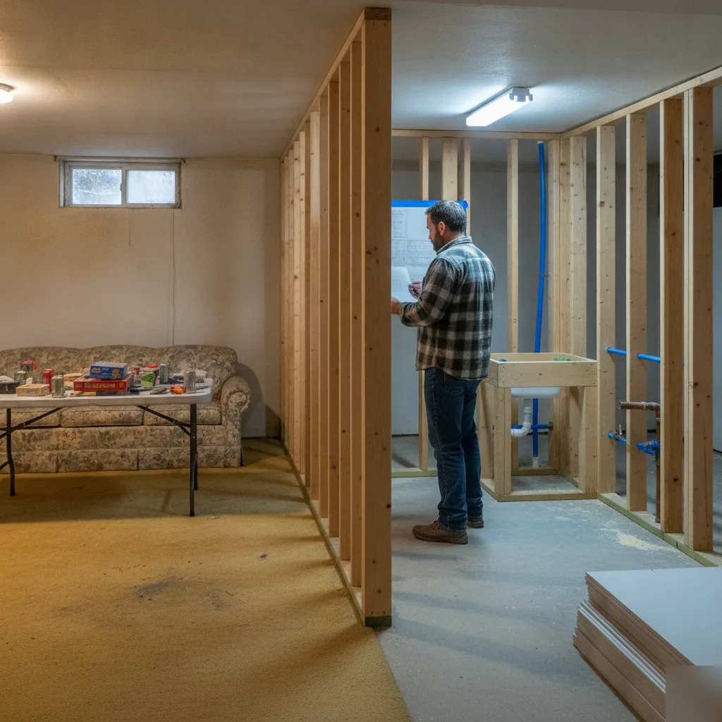 Basement transitioning from rec room to legal apartment unit in Denver home