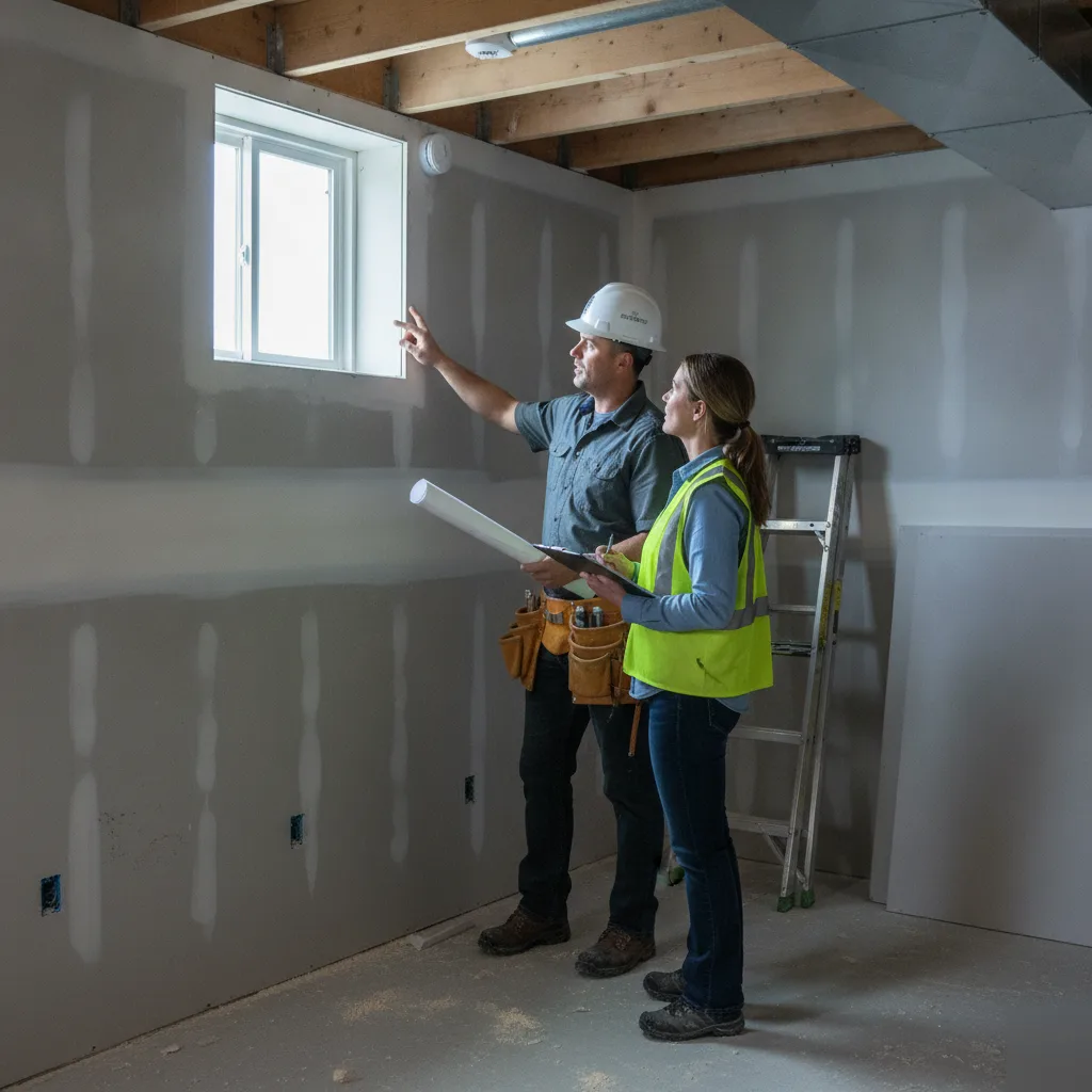 Building inspector reviewing framed basement apartment conversion with Denver contractor