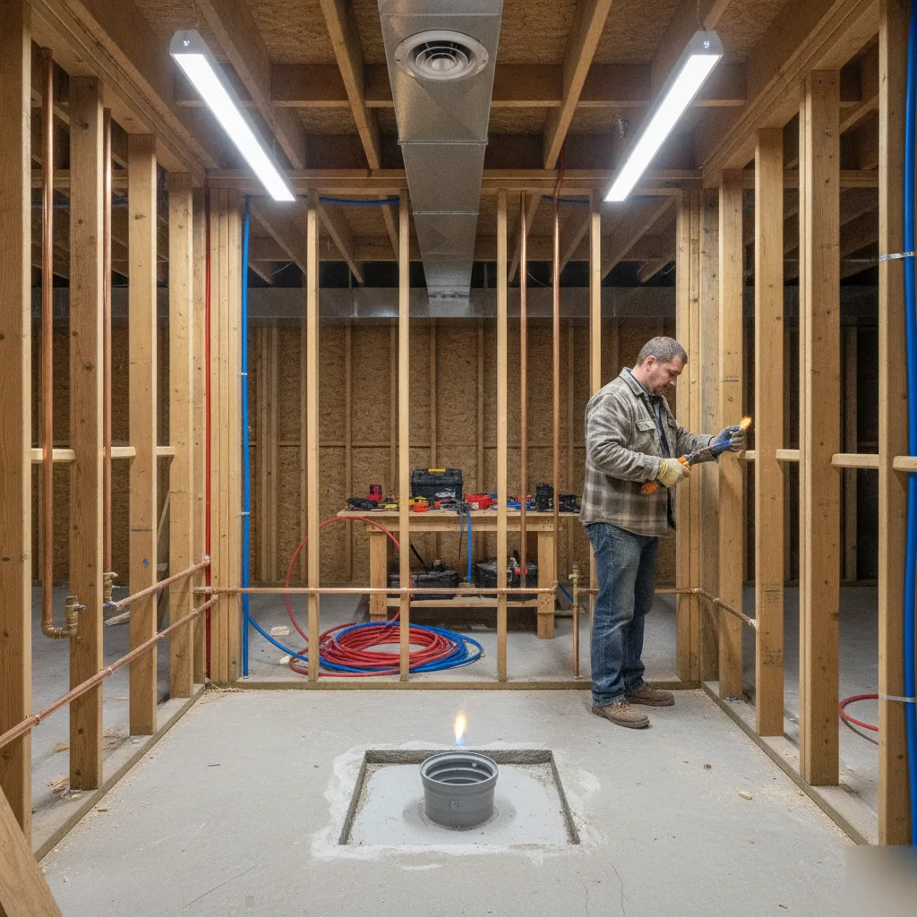 Rough-in plumbing stage during basement bathroom installation construction in Denver