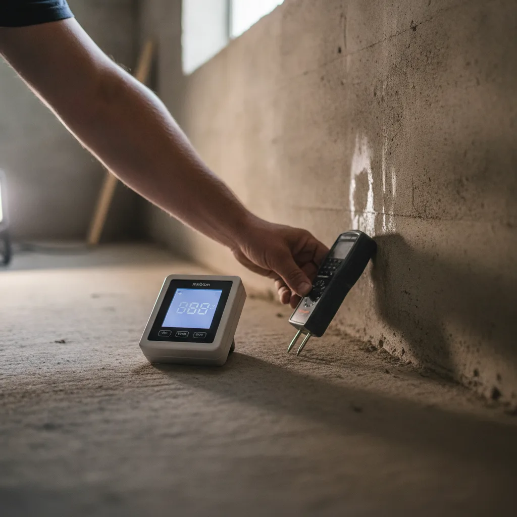 Radon and moisture testing equipment in Denver basement bedroom project