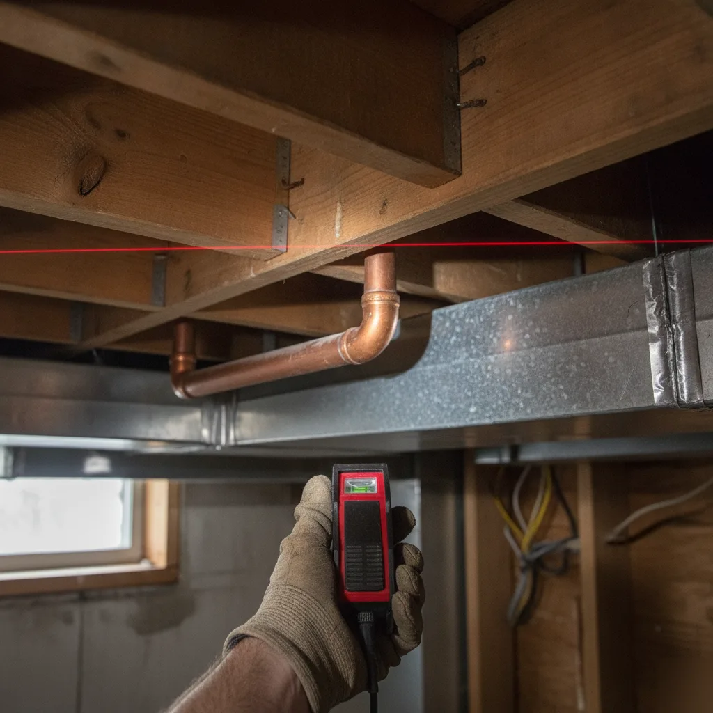 Contractor measuring basement ceiling clearance near ductwork in Denver