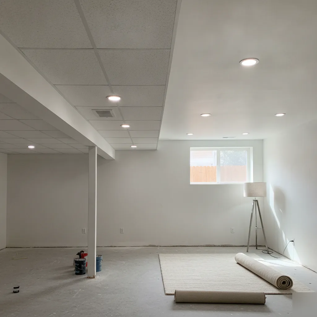 Finished basement ceiling combining drop-tile and drywall sections in Denver home