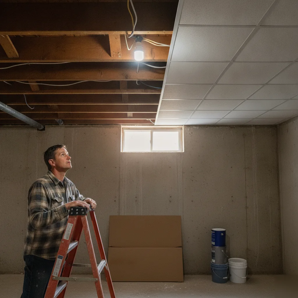Homeowner viewing basement ceiling transition to drop-tile in Denver