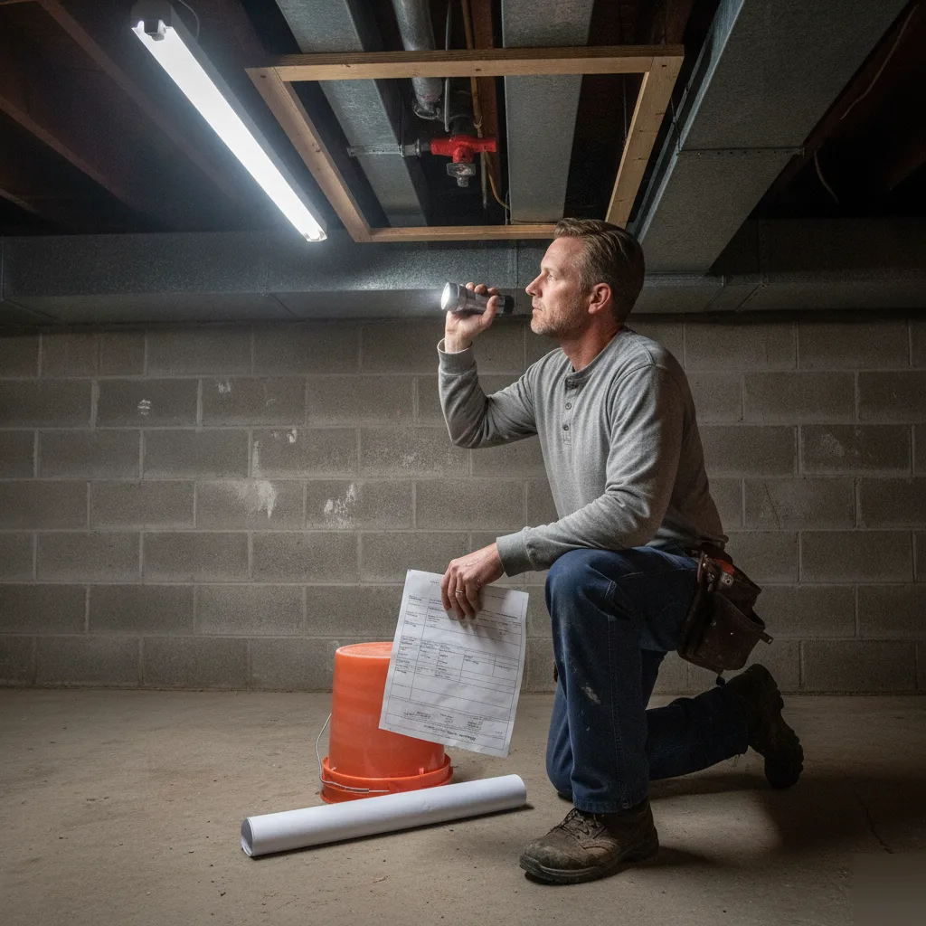 Contractor reviewing permit near basement ceiling access panel in Denver