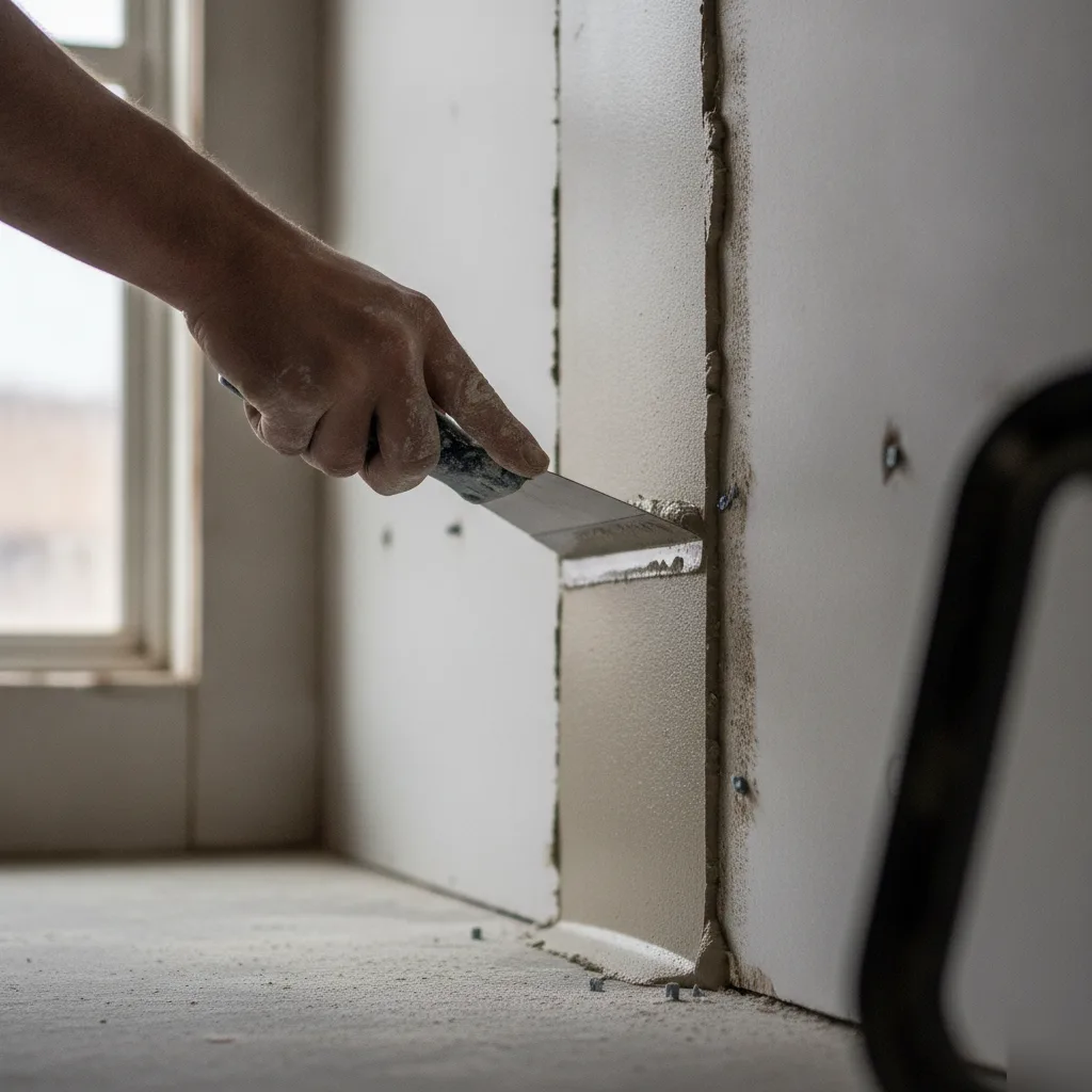 Close-up of taping knife applying joint compound on basement drywall seam