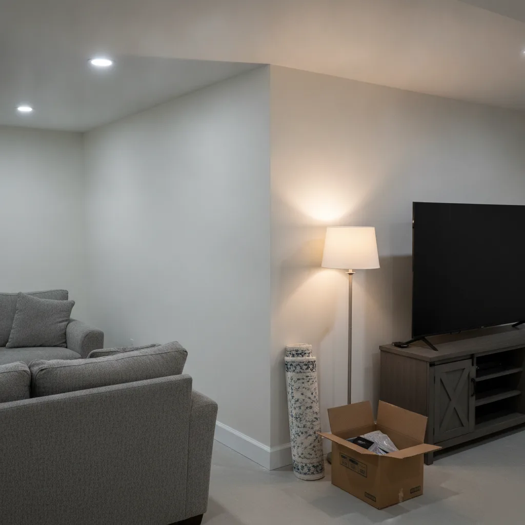 Finished basement room with smooth painted drywall walls in Denver home