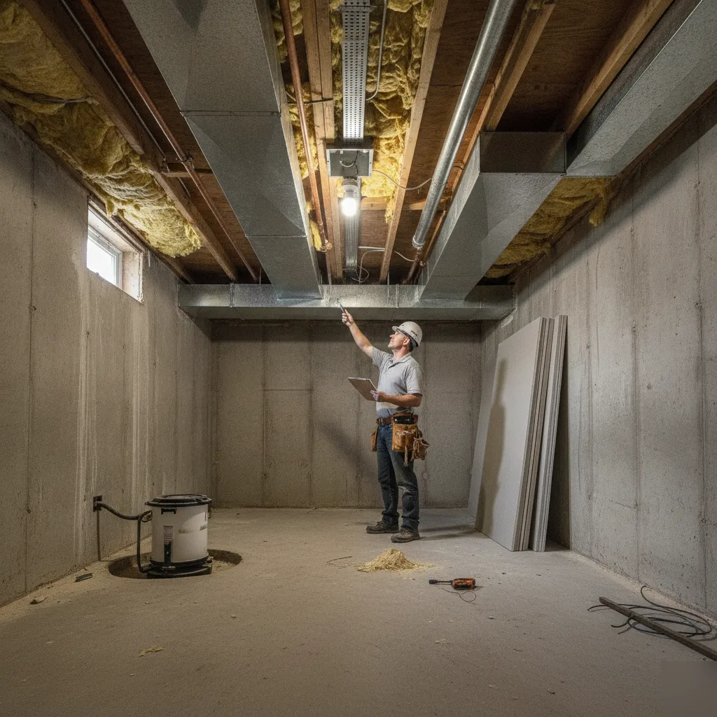 Contractor inspecting exposed basement plumbing before drywall installation in Denver