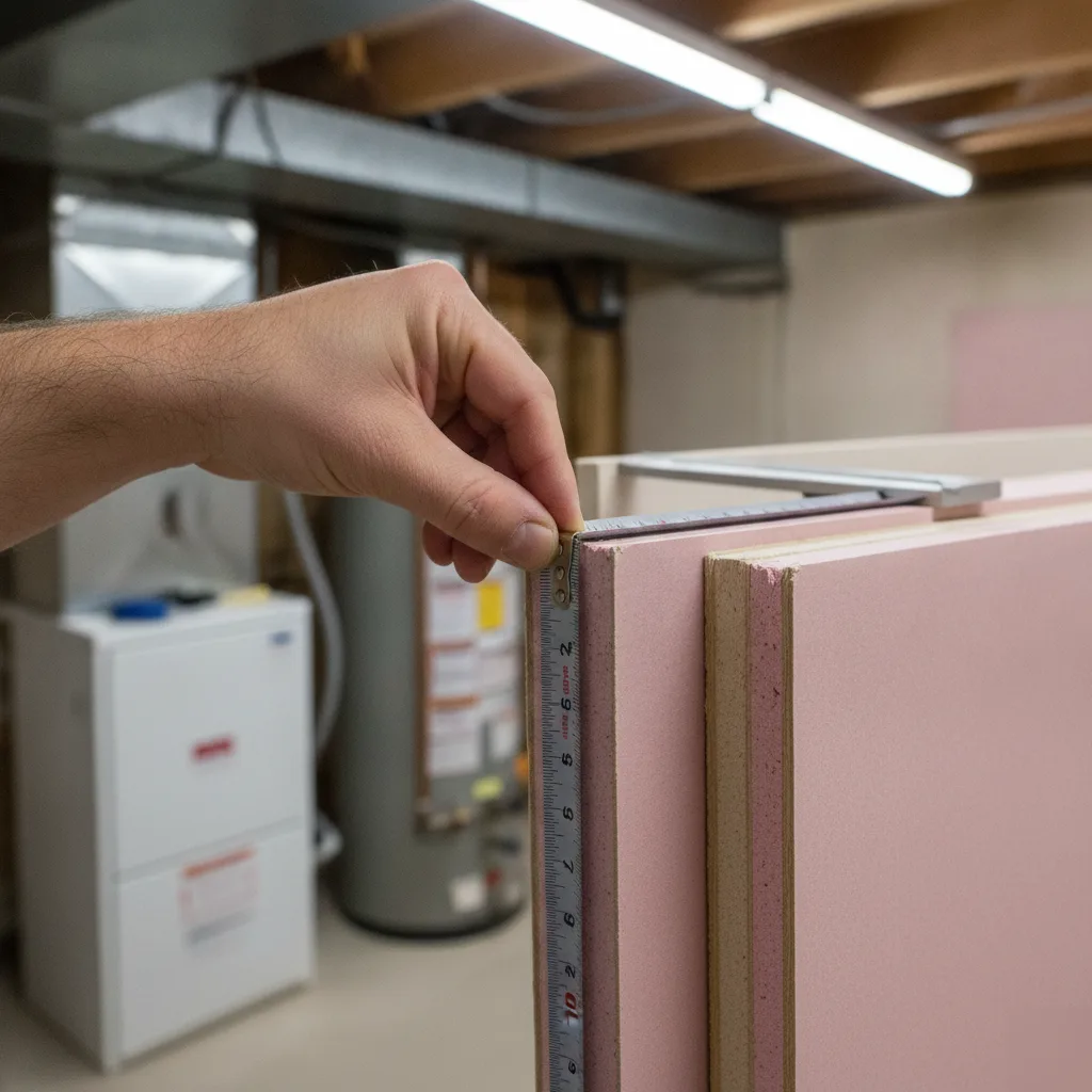 Measuring fire-rated drywall panel near Denver basement mechanical room