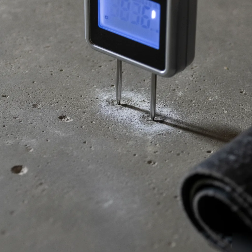 Close-up moisture meter reading on Denver basement concrete slab surface