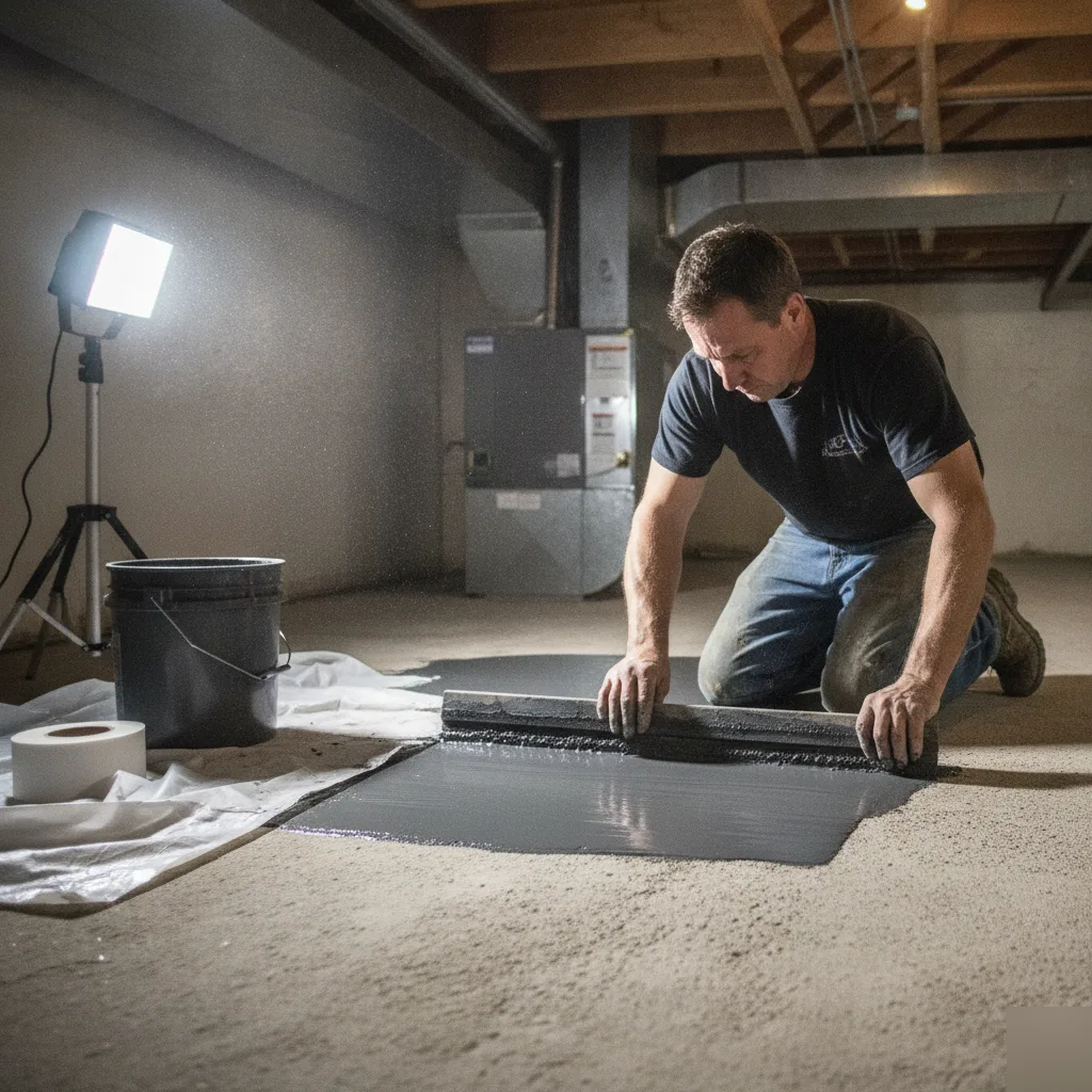 Contractor applying waterproof membrane to basement subfloor in Denver