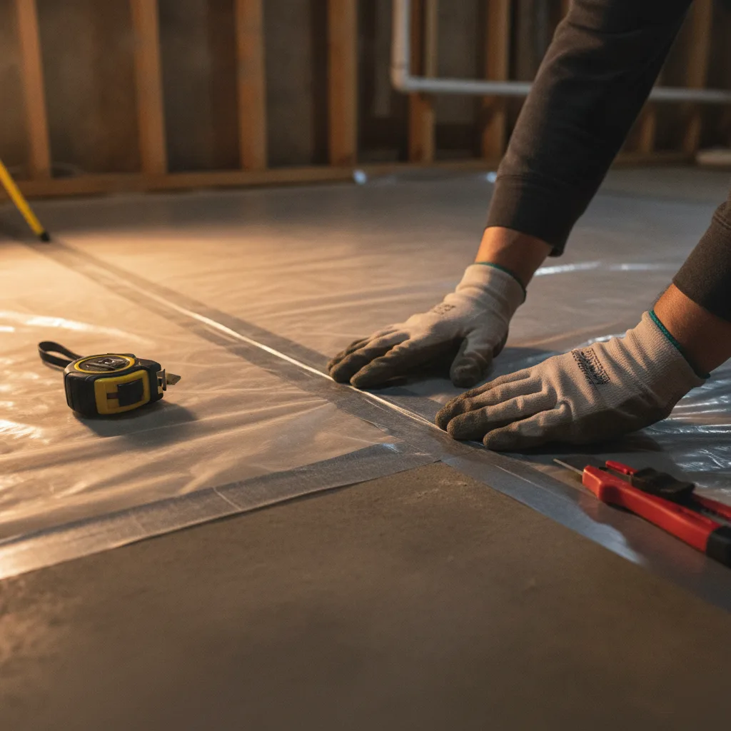 Taping vapor barrier seams on basement subfloor before Denver flooring install