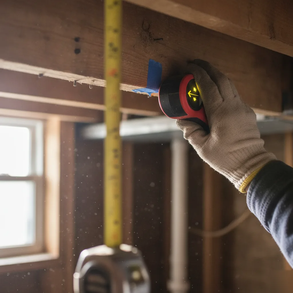 Close-up of stud finder tool on basement joist for gym build in Denver
