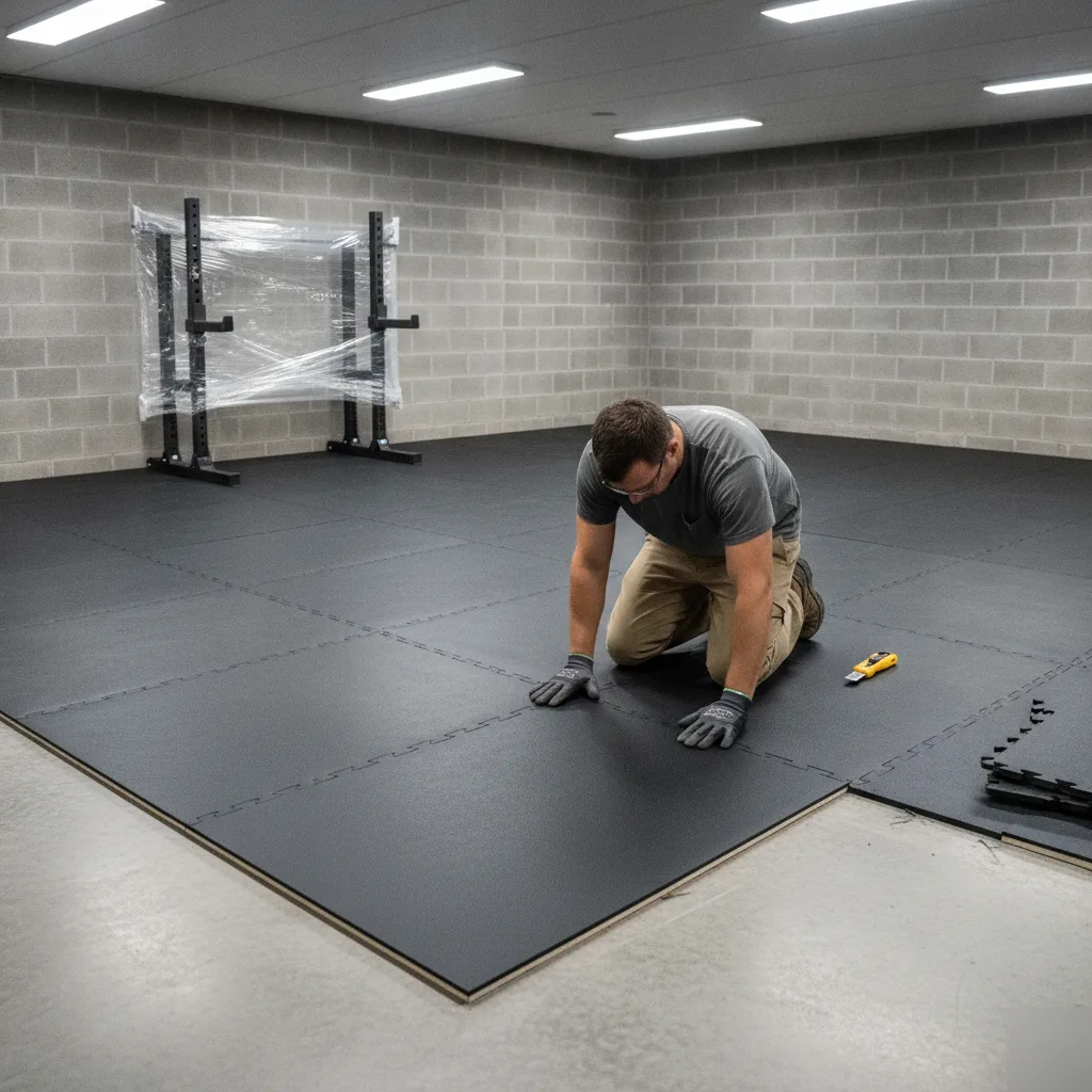 Contractor installing rubber gym flooring tiles in Denver basement renovation