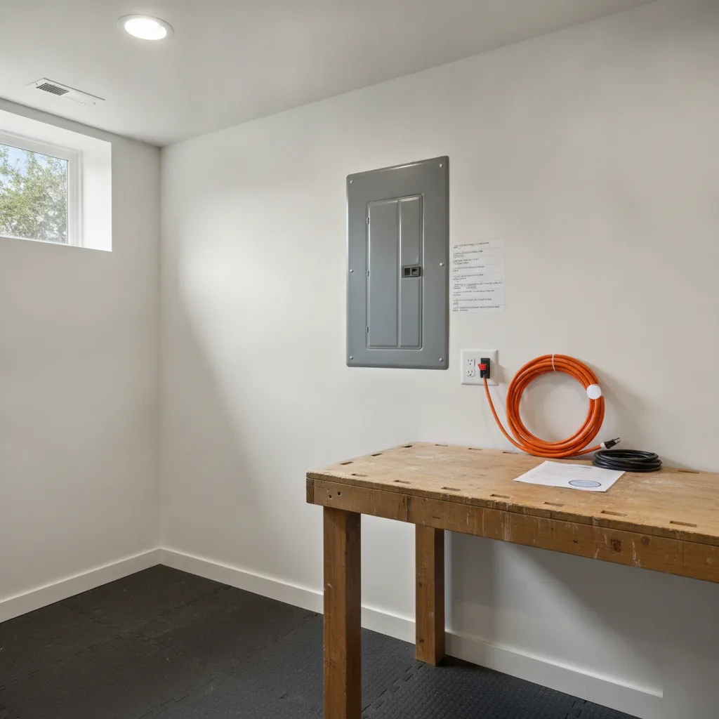 Electrical panel and permit sticker in Denver basement gym renovation