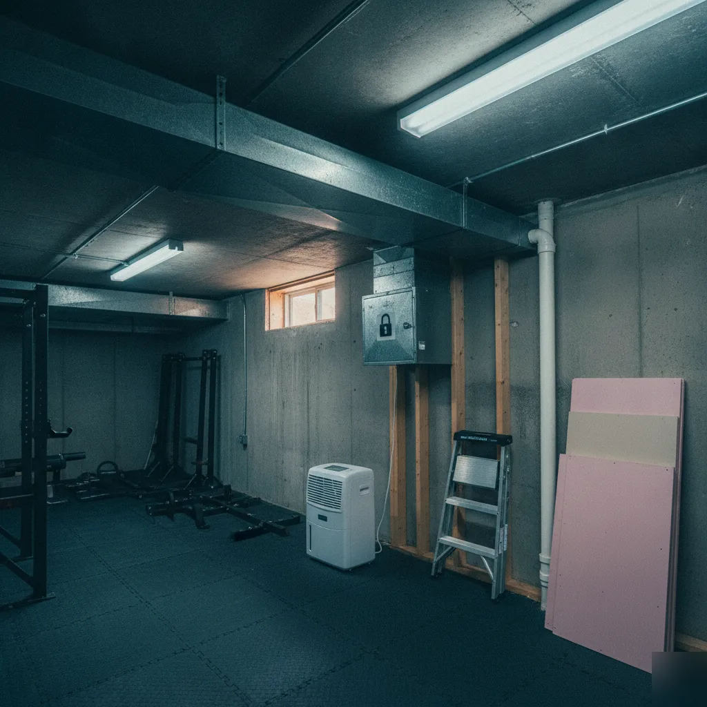 Radon mitigation pipe and ventilation duct in Denver basement gym build