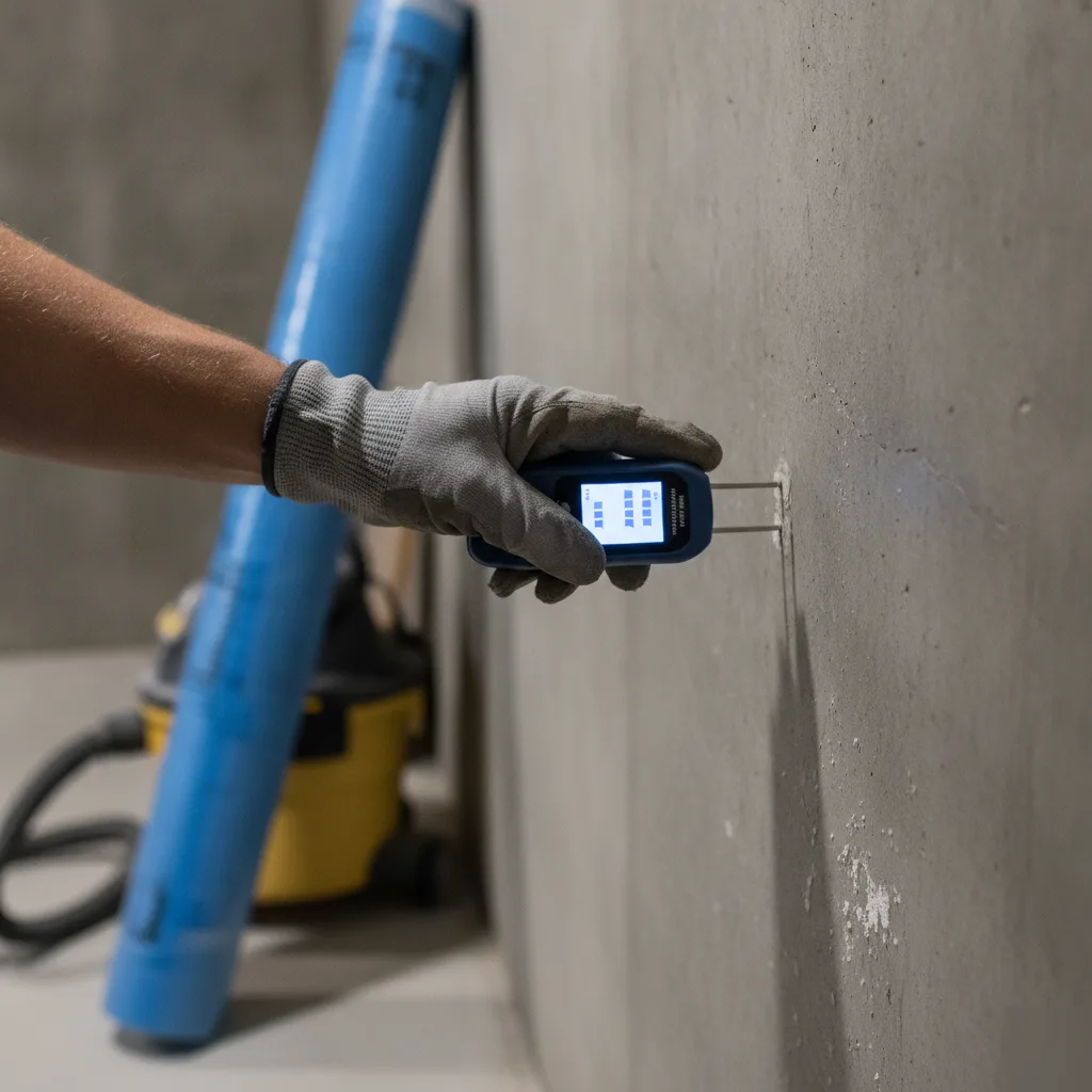 Moisture meter testing concrete basement wall before office construction in Denver