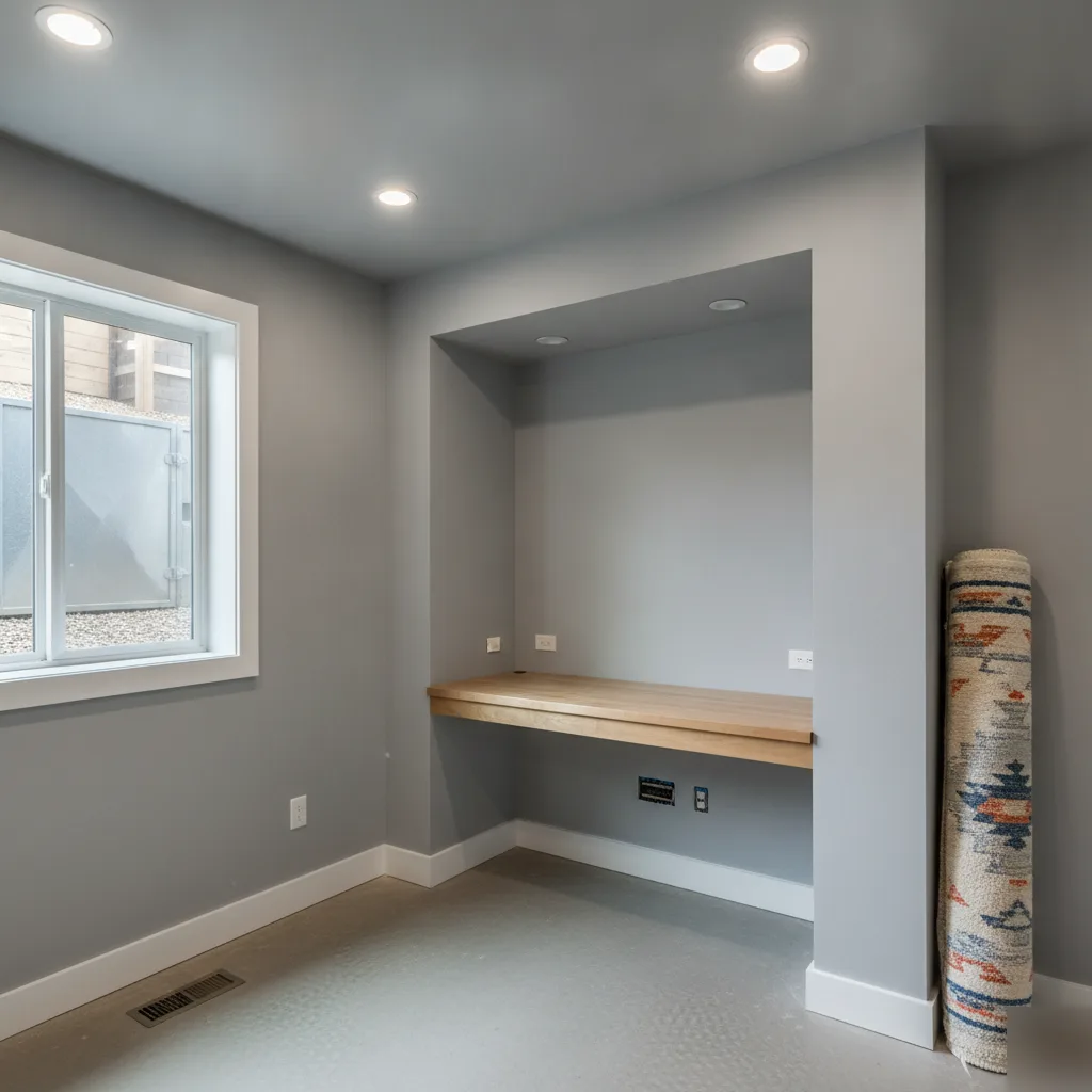 Completed basement home office with egress window in Denver renovation