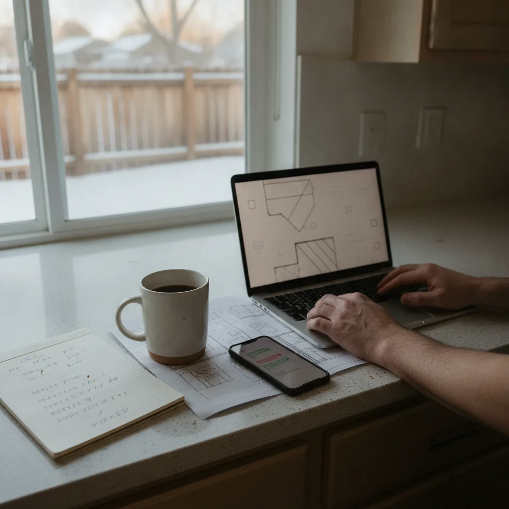 Homeowner reviewing basement office layout plans at kitchen counter in Denver