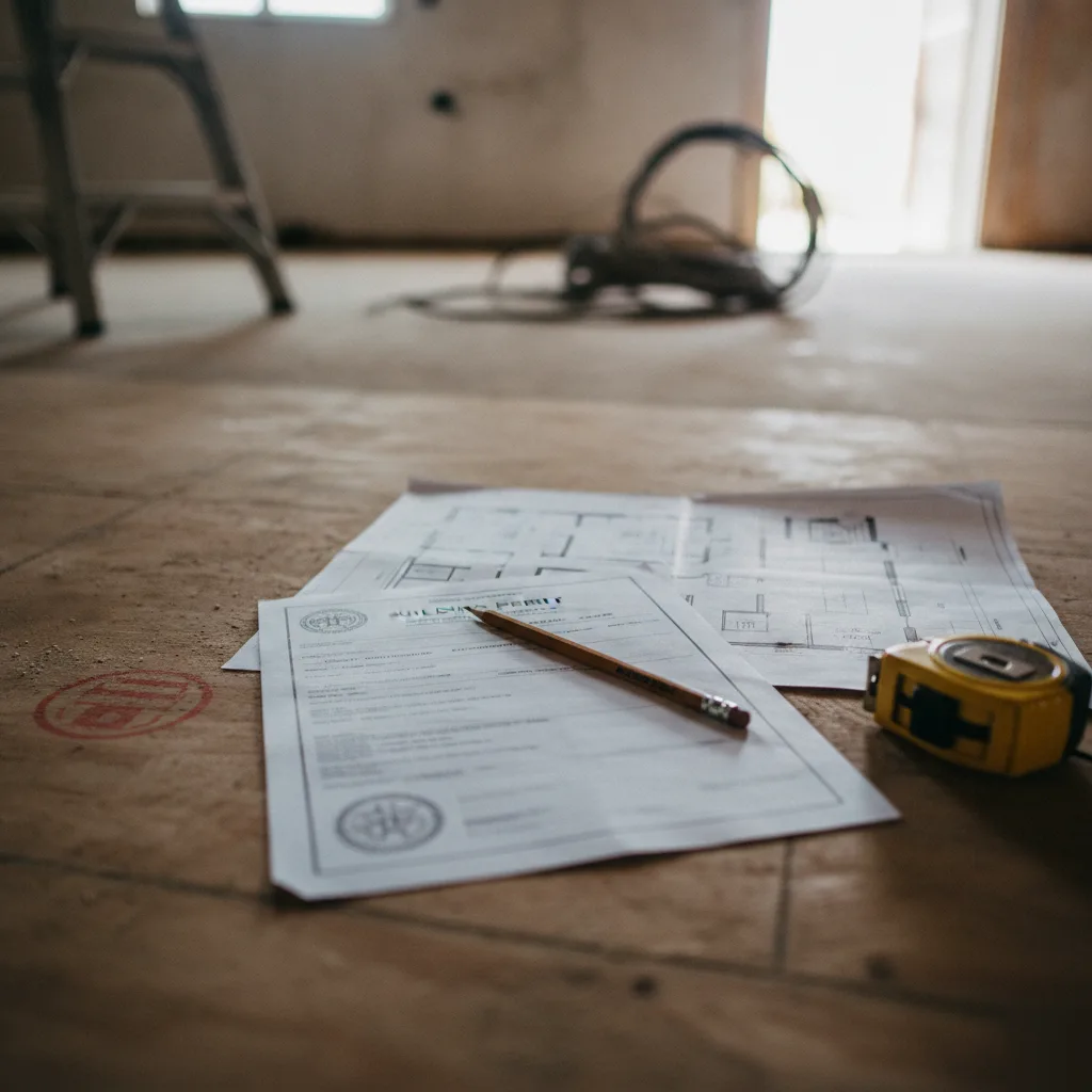 Building permit paperwork on jobsite for basement office construction in Denver