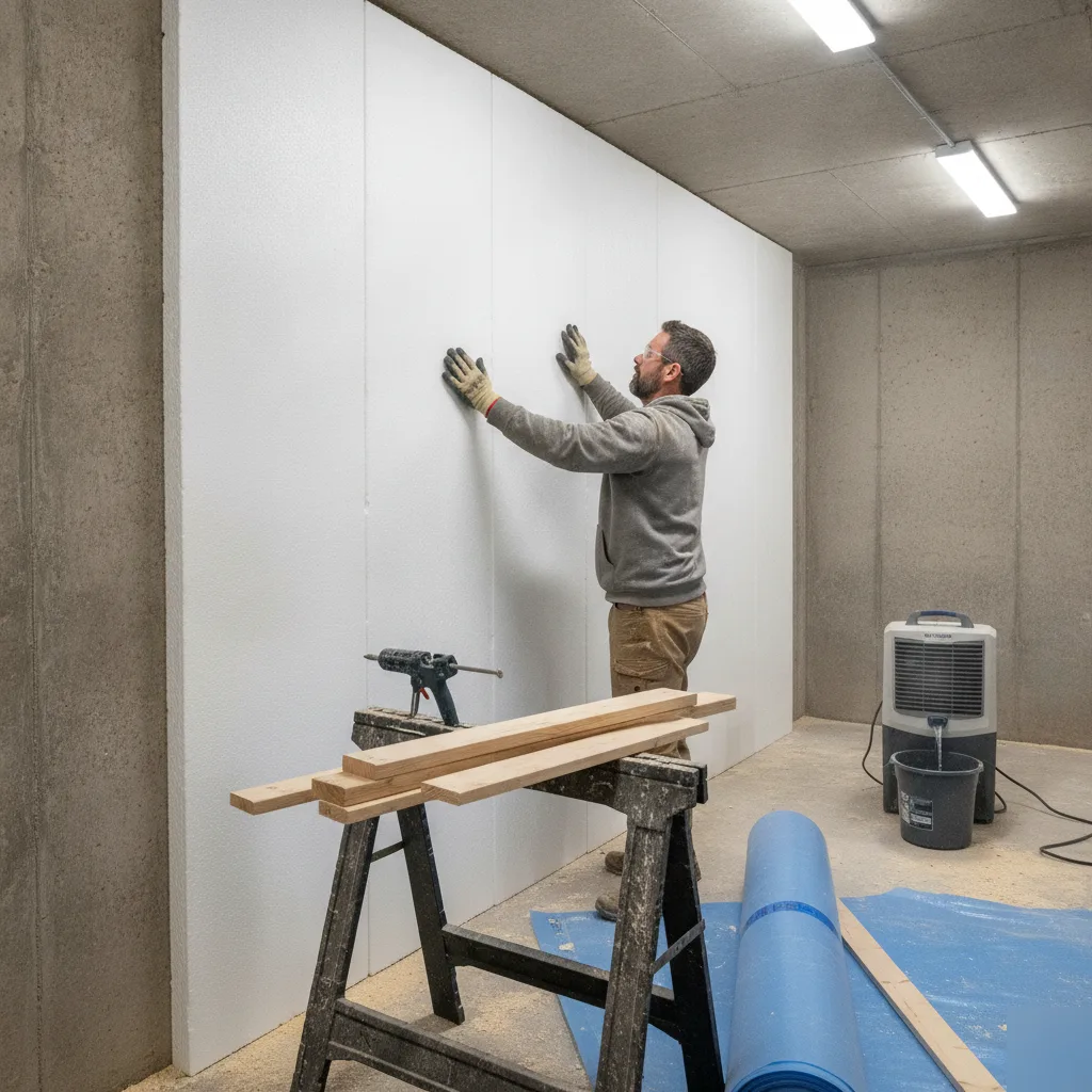 Contractor installing foam insulation on basement wall for Denver office build