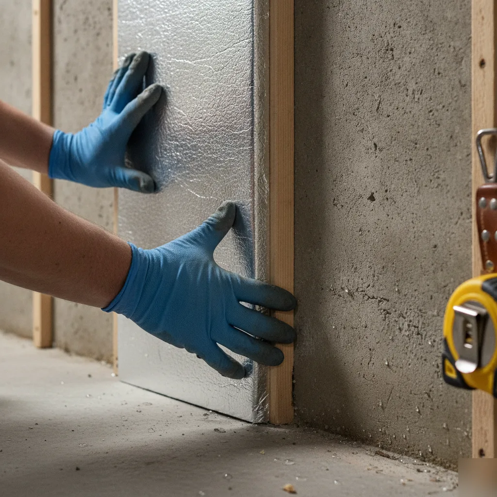 Close-up of rigid foam insulation board on Denver basement wall