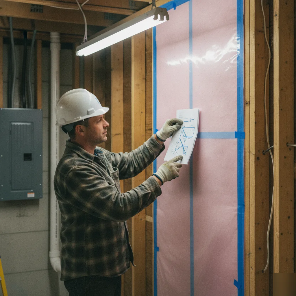 Contractor checking vapor barrier code compliance in Denver basement