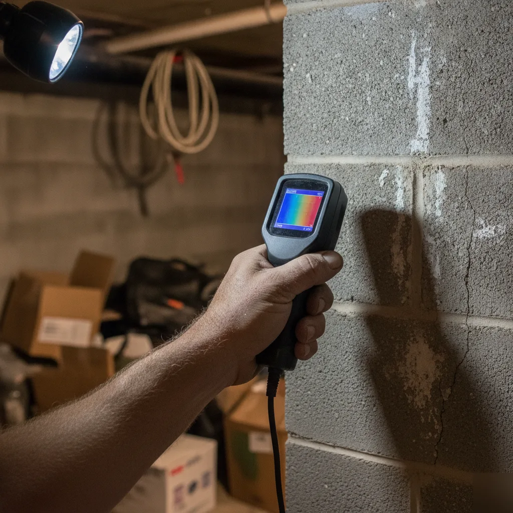Thermal leak detector testing Denver basement wall before insulation