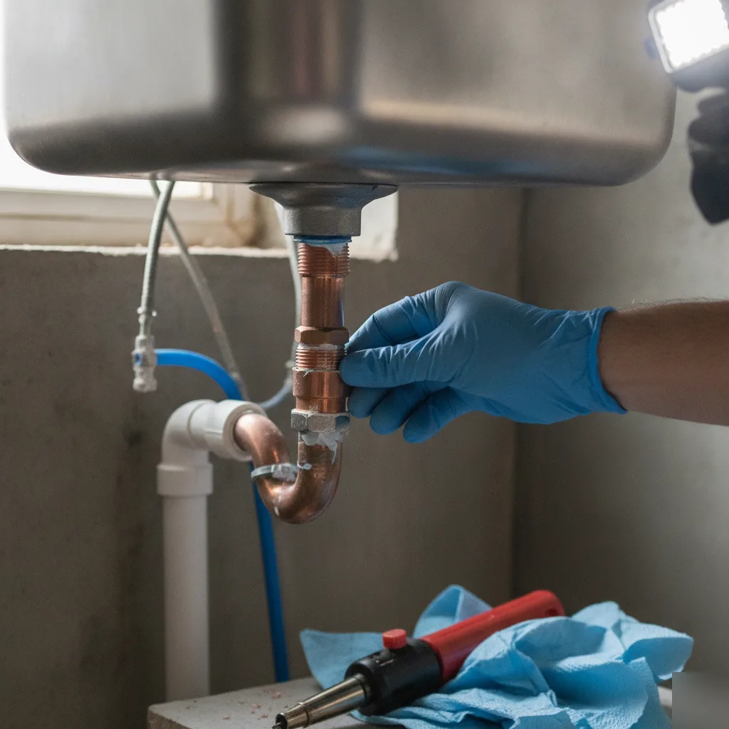 Plumber connecting copper pipe fitting for basement kitchenette installation in Denver