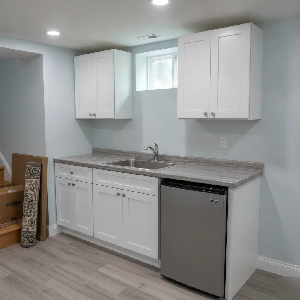 Completed basement kitchenette with cabinets and sink after Denver installation project