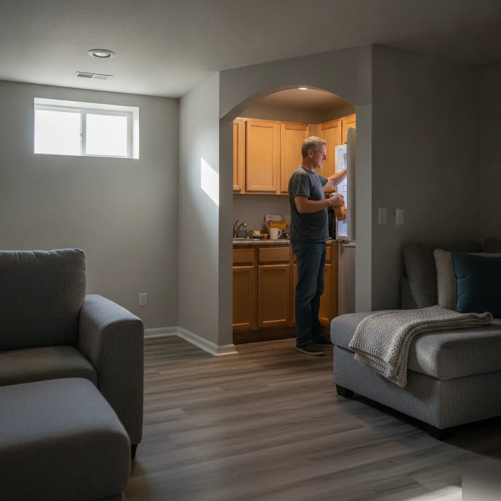 Homeowner using basement kitchenette refrigerator after Denver installation completed