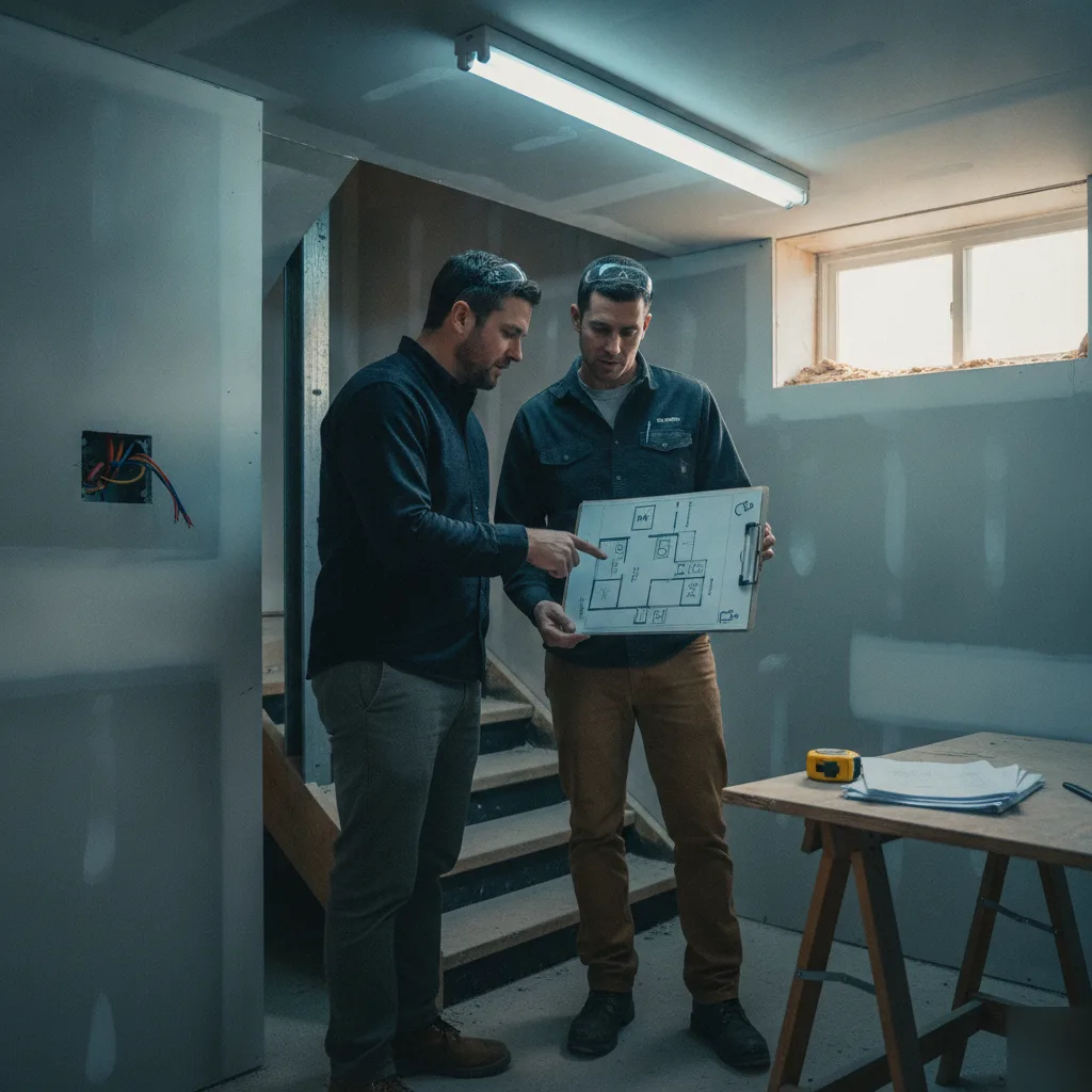 Inspector reviewing basement kitchenette permit plans during Denver installation project