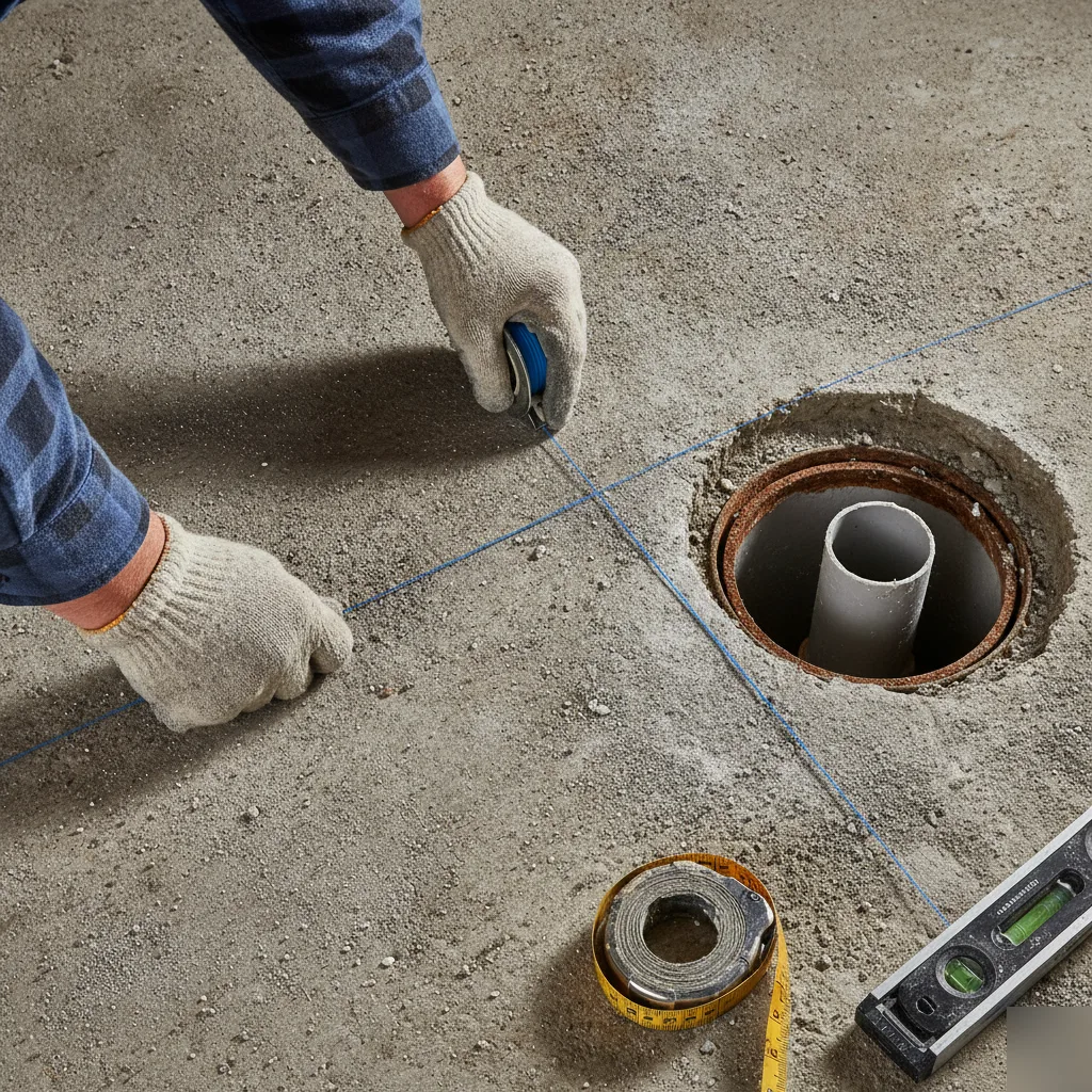 Contractor marking basement floor drain layout for kitchenette plumbing in Denver