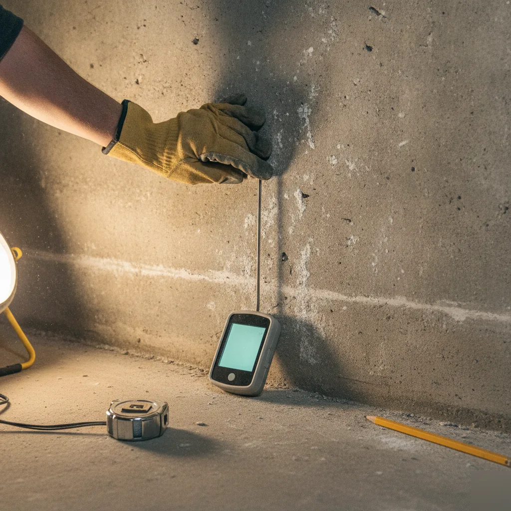 Hands testing basement wall moisture before Denver renovation project