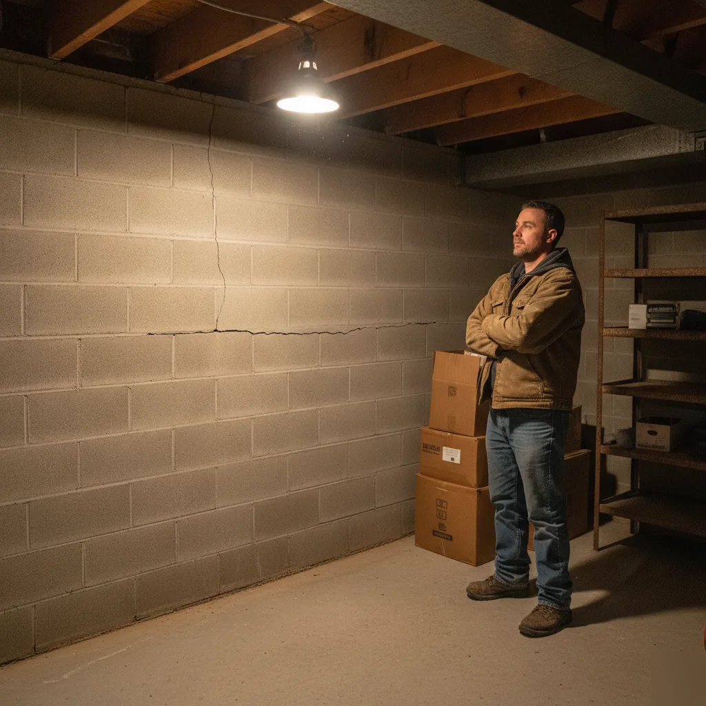 Contractor inspecting cracked bowing wall before Denver basement renovation