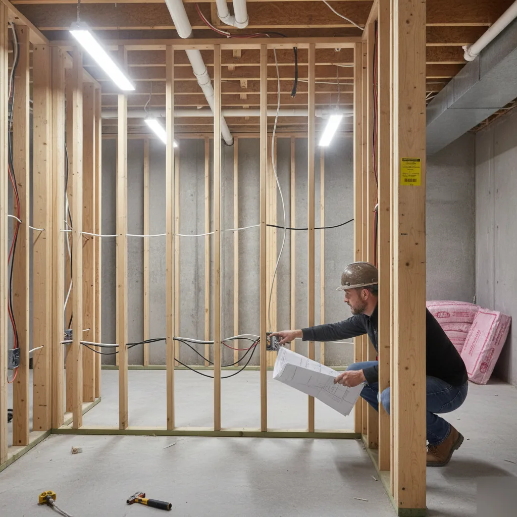 Electrical rough-in during basement renovation permit inspection in Denver