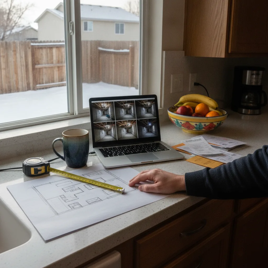Homeowner reviewing basement suite construction plans in Denver kitchen