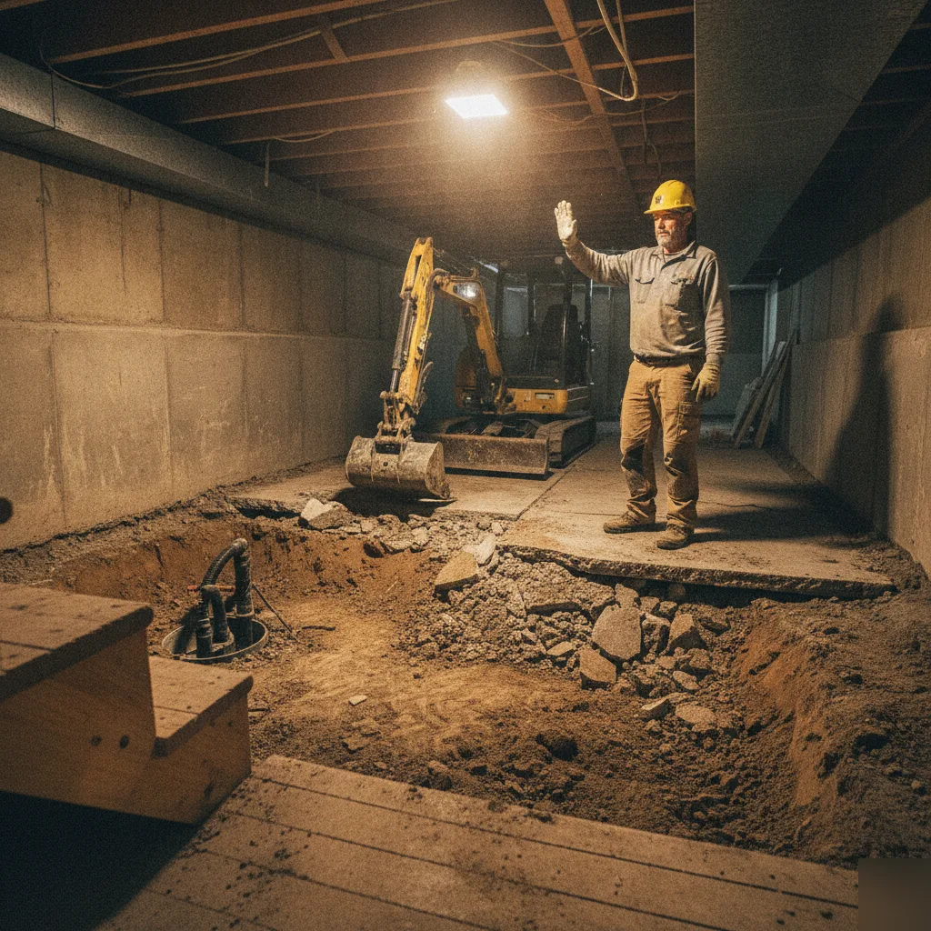 Excavator digging out low basement ceiling for Denver suite construction