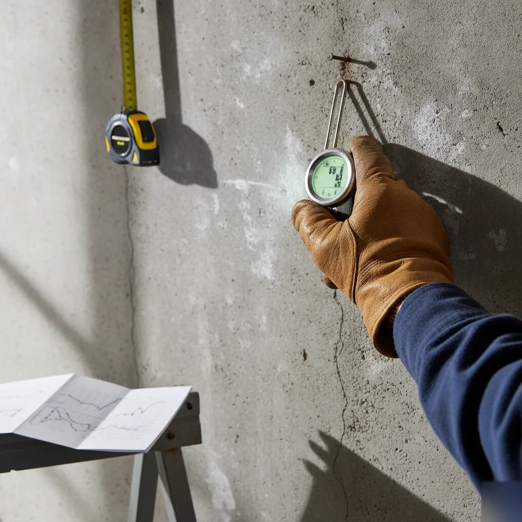 Contractor testing basement wall moisture before Denver theater build