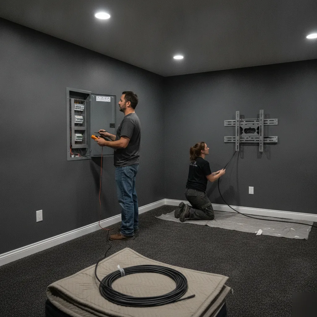 Contractor and AV installer working separately in Denver basement theater