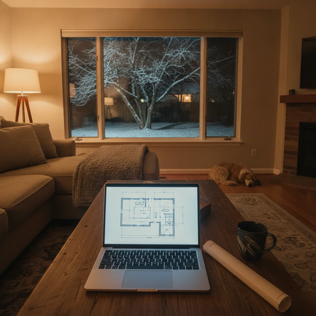 Homeowner reviewing basement theater construction estimate at home in Denver