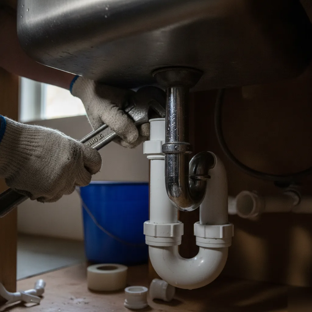 Close-up of plumber connecting drain fitting under wet bar sink in Denver basement