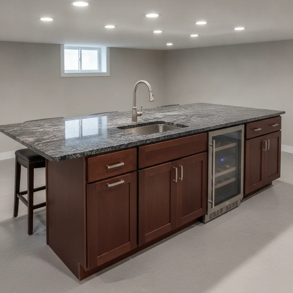Completed basement wet bar with sink and granite counter in Denver home