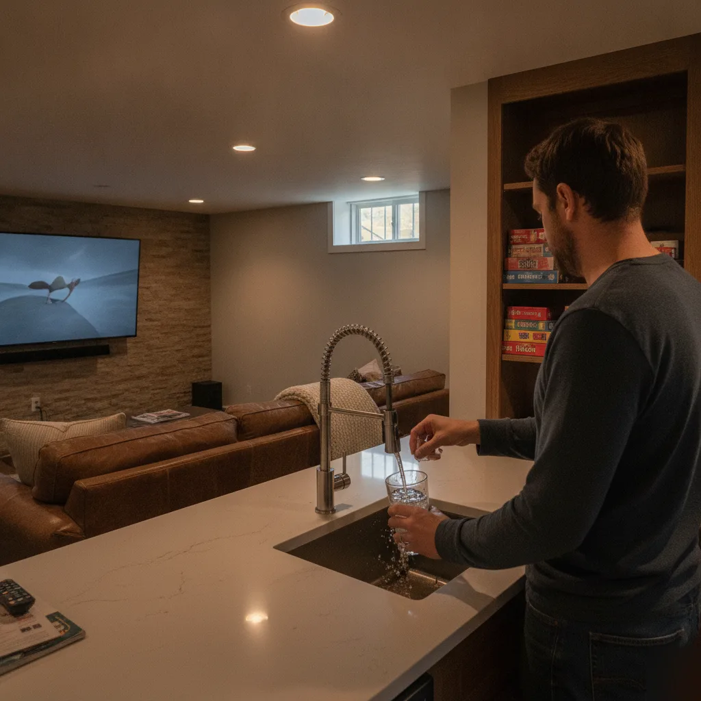 Homeowner using finished wet bar sink in Denver basement living space