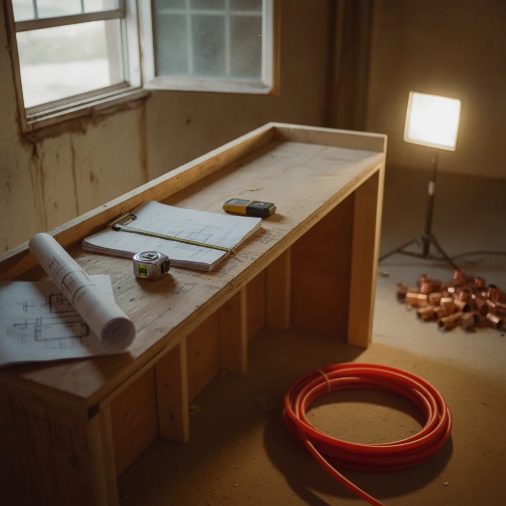 Plumbing plans and PEX tubing near basement wet bar frame in Denver
