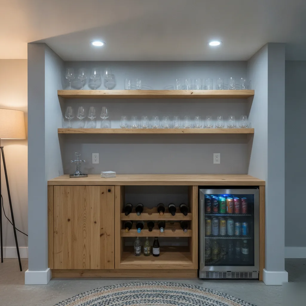 Finished dry bar cabinetry without sink in Denver basement remodel