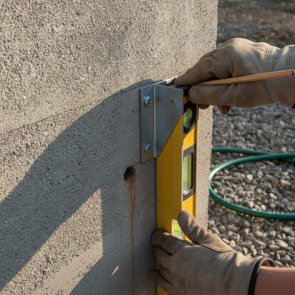 Hand leveling egress window well bracket on Denver walkout basement wall