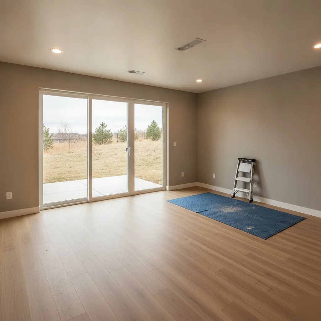 Finished walkout basement living room with sliding glass door in Denver home