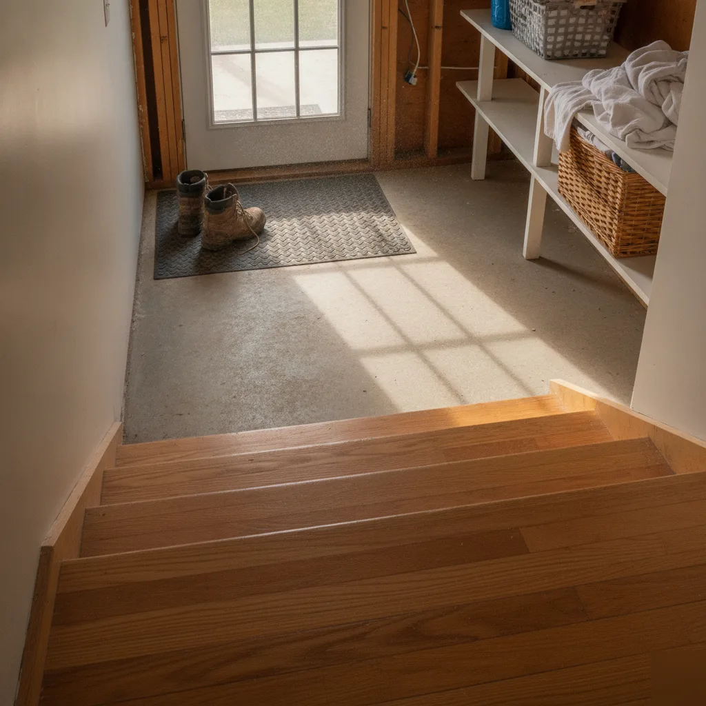 Staircase view toward unfinished Denver walkout basement door and windows