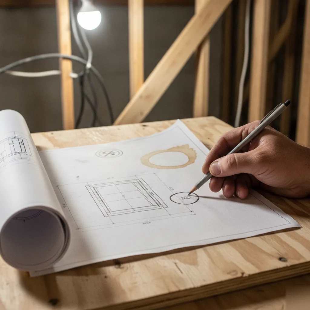 Contractor reviewing egress code permit drawing for Denver walkout basement
